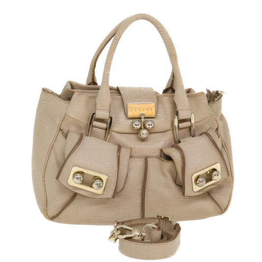 Luxury CELINE Hand Bag Leather 2way Beige 39619