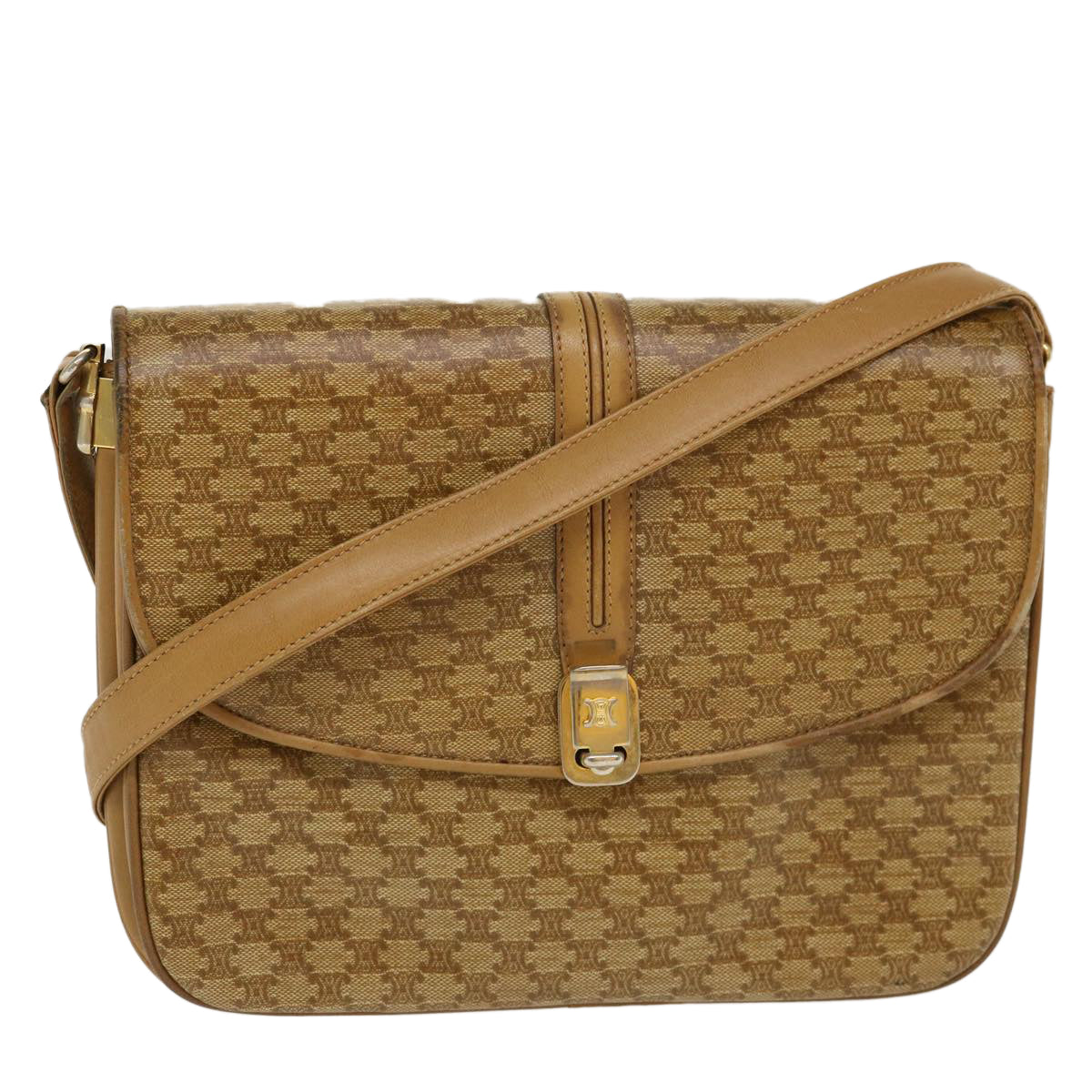Luxury CELINE Macadam Canvas Shoulder Bag PVC Leather Beige 39942