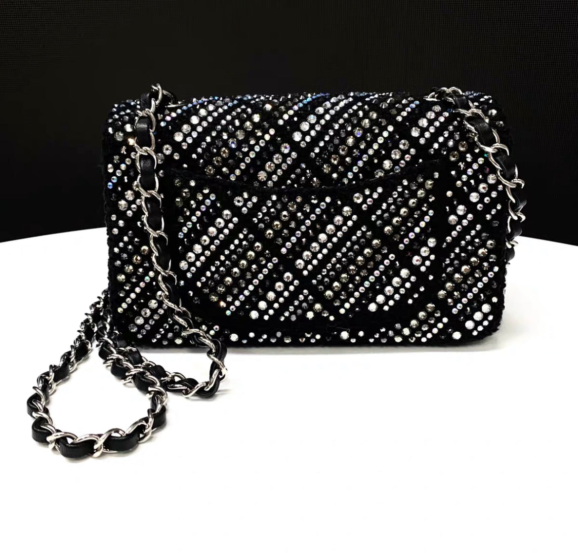 CHANEL 22A tweed, diamantÃ©s & silver metal black classic handbag