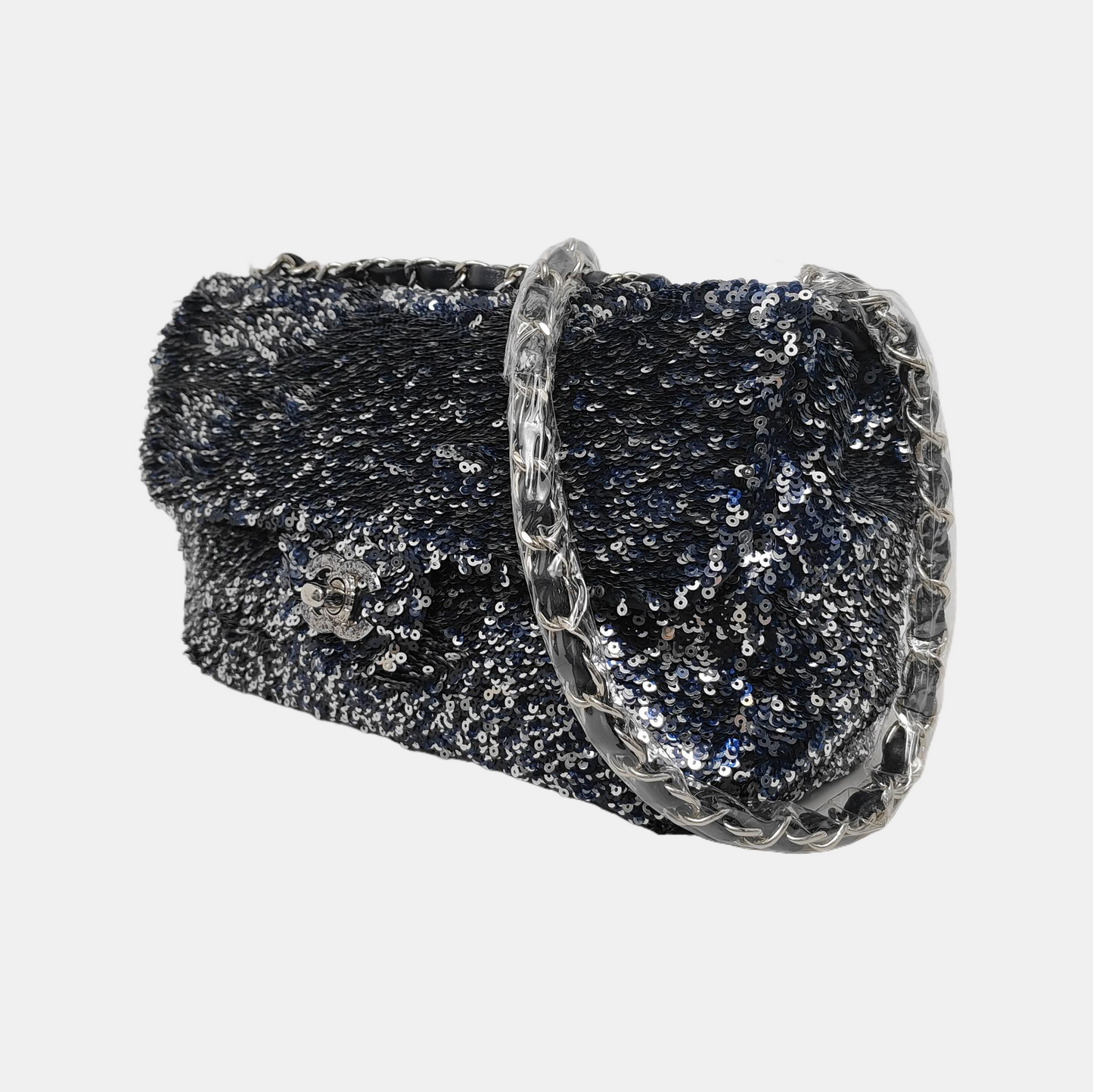 Chanel Paillette Flap Bag Rectangular Mini Glitter Sequins Navy and Silver