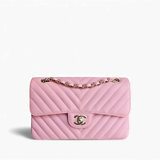 Chanel Classic Flap Small - Caviar 23CM Chevron Light Pink Gold Hardware Series 28