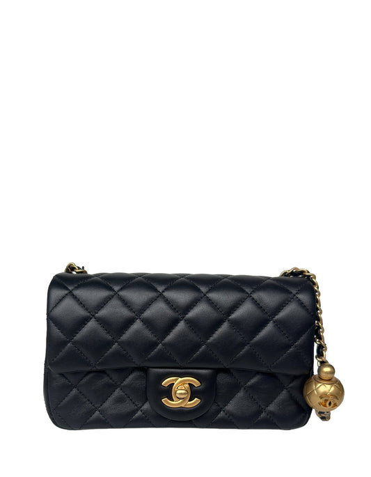 Chanel 2023 Black Lambskin Quilted Rectangular CC Pearl Crush Mini Flap Bag