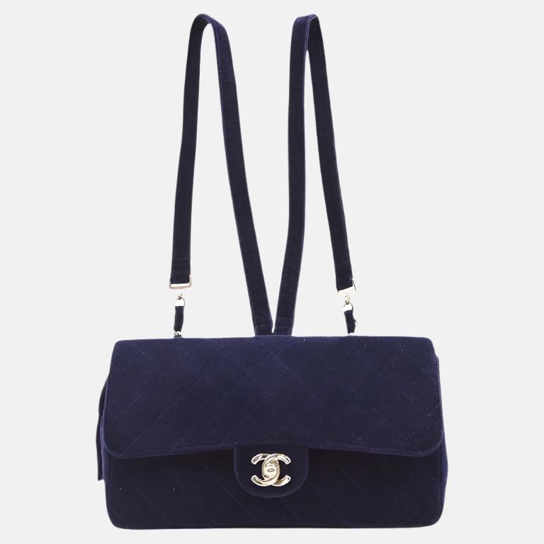 Chanel Navy Velvet Shoulder Flap Blackpack Silver HW, 1996
