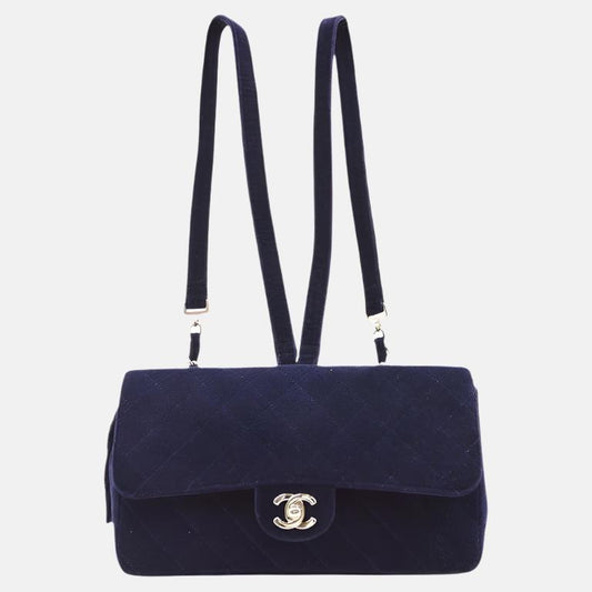 Chanel Navy Velvet Shoulder Flap Blackpack Silver HW, 1996