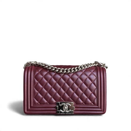 Chanel Boy Medium - 25CM Quilted Lambskin Burgundy Red Gold Hardware Series 22