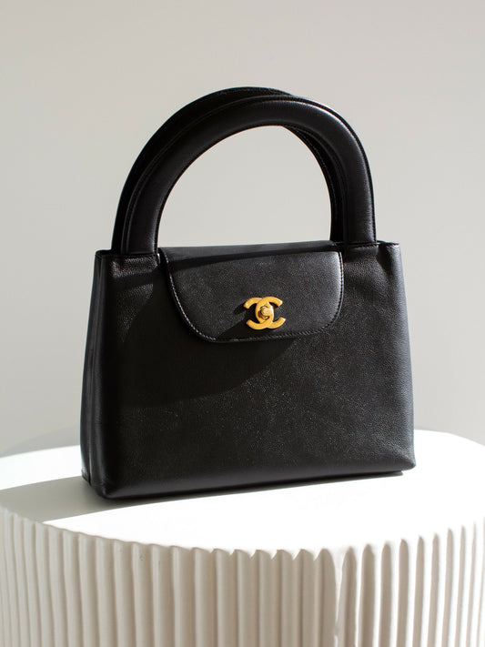 Chanel 1998 Kelly Black Caviar Leather 24K Gold Top Handle Bag