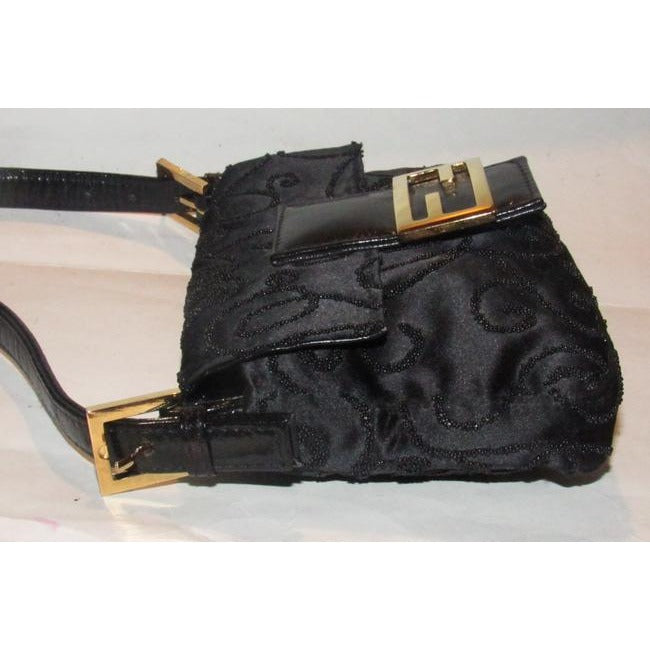 Fendi Black Silk And Leather Petite Baguette With Geometric Beaded Embellishments