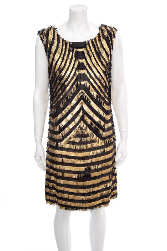 Gucci Black and Gold Leather Fringe Shift Sleeveless Dress