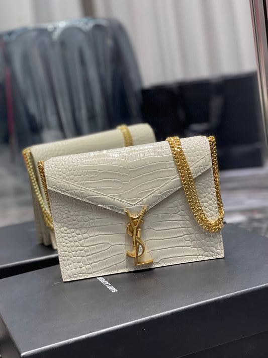 Yves Saint Laurent Cassandra Medium Chain Bag White In Grain De Poudre Embossed.6in/
