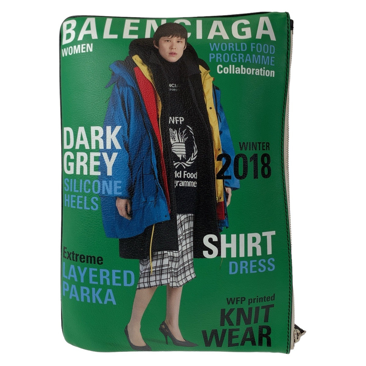 BALENCIAGA Clutch bag leather Black Green SilverMetal Clutch bag business bag Magazine Print mens
