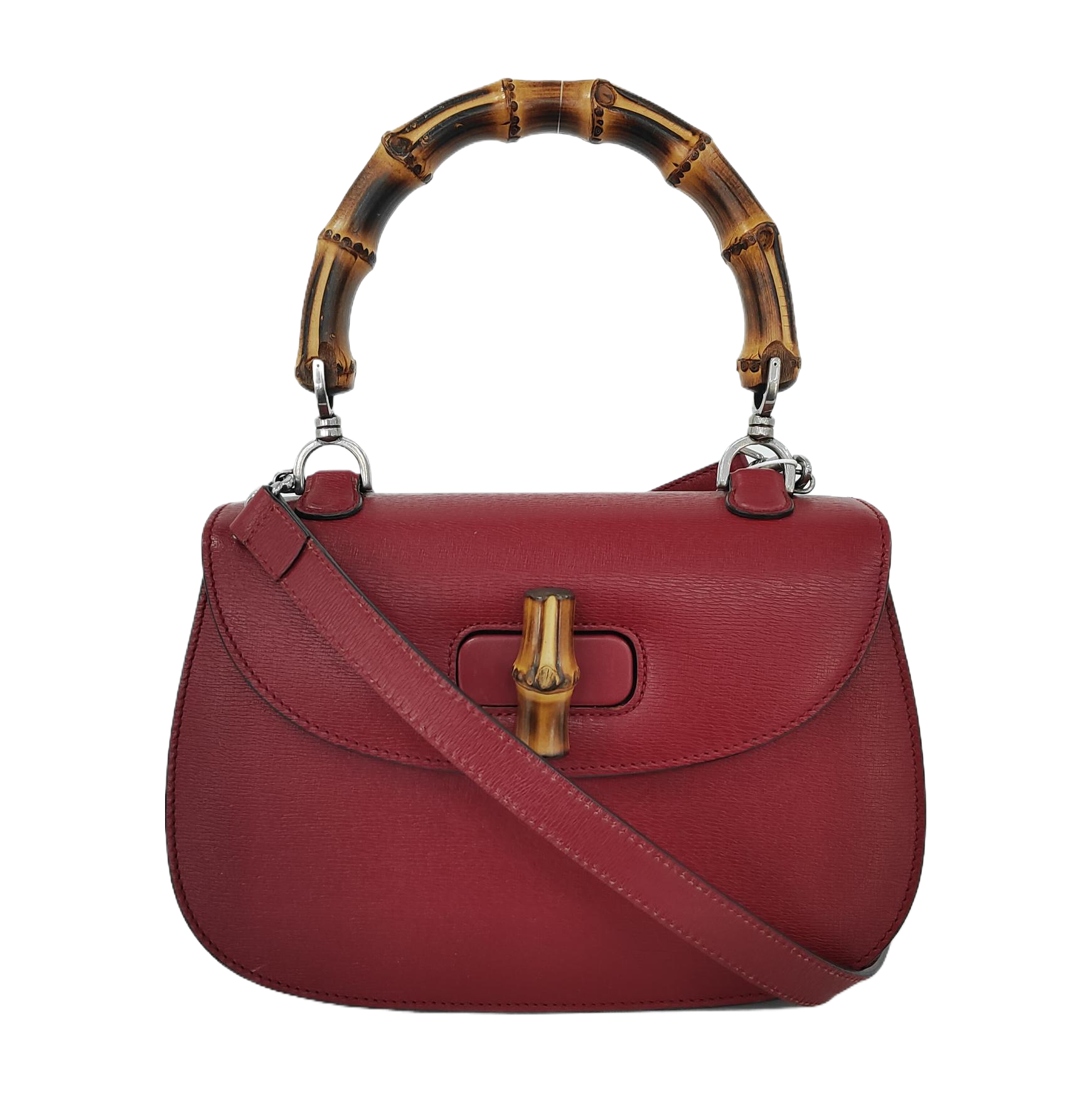 Gucci Bamboo 1947 Top Handle Bag Leather Medium Red Burgundy with Strap