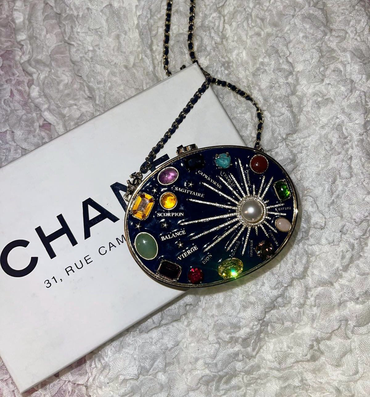 CHANEL Horoscope Navy Blue Metal Gripoix Gold Crystal Small Mini MinaudiÃ¨re Bag