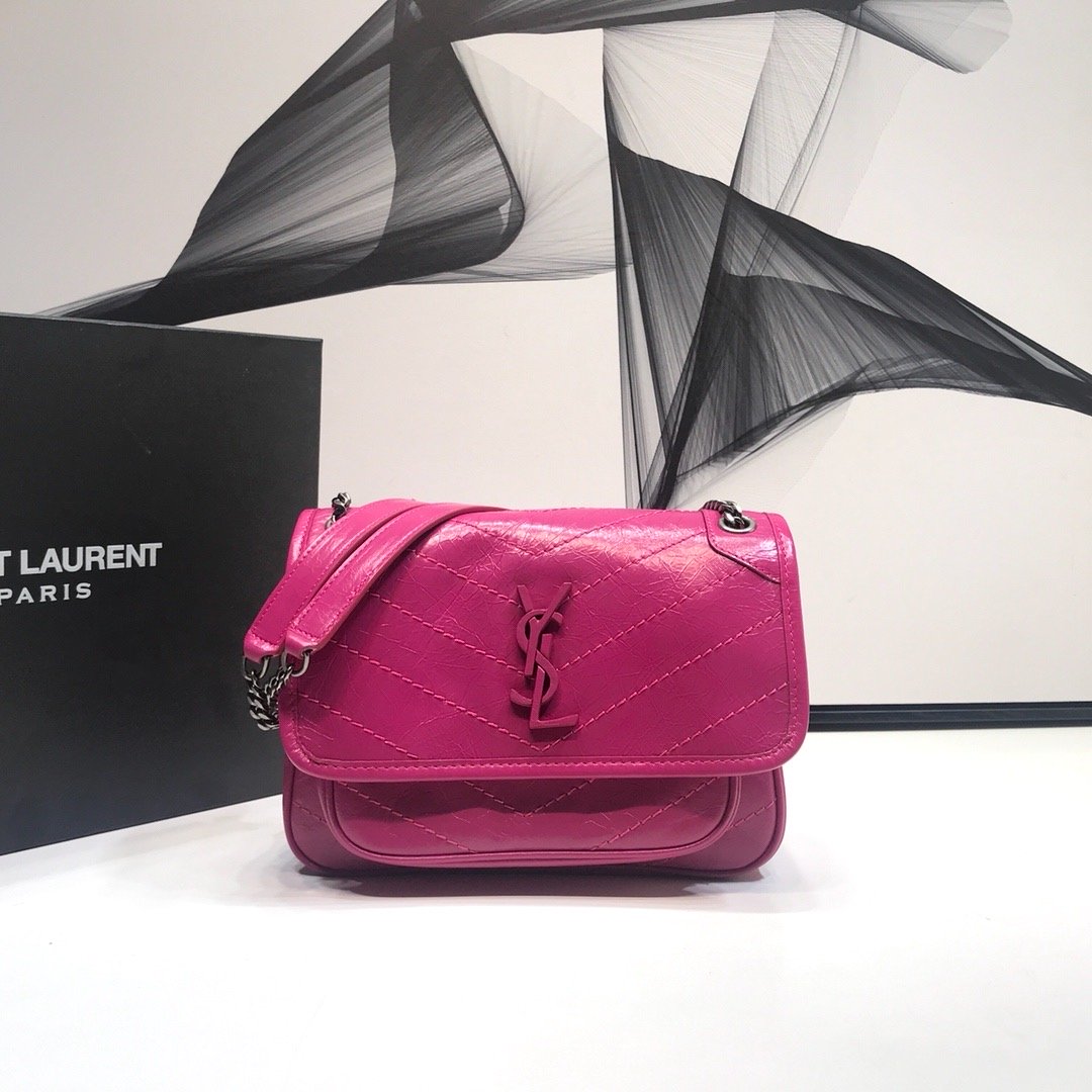 Yves Saint Laurent Niki Baby Chain Bag In Crinkled Dark Pink