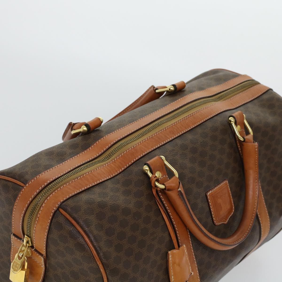 Luxury CELINE Macadam Canvas Boston Bag PVC Leather Brown 41216