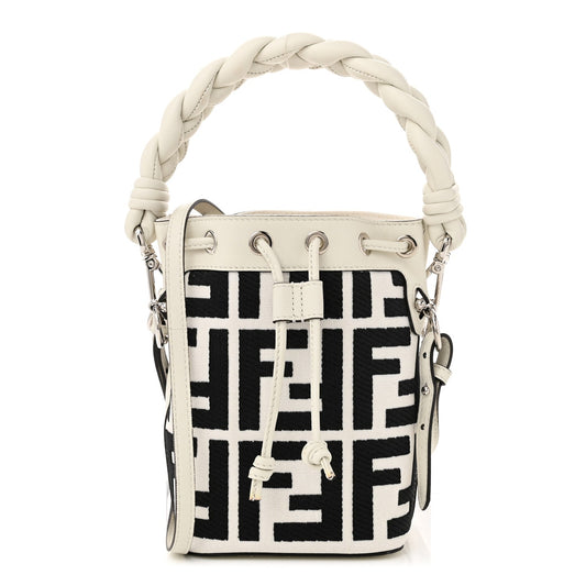 Fendi Canvas Nappa F is FF Embroidered Mini Mon Tresor Bucket Bag White Black