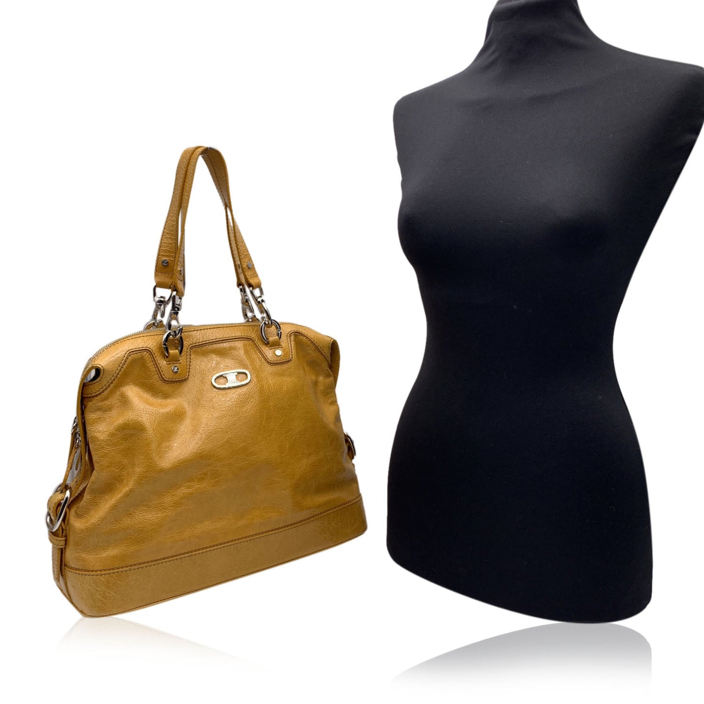 Luxury CELINE Yellow Mustard Crinkled Leather Tote Shoulder Bag