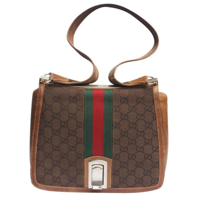 Gucci Envelope Saddle Leather Canvas Shoulder Bag