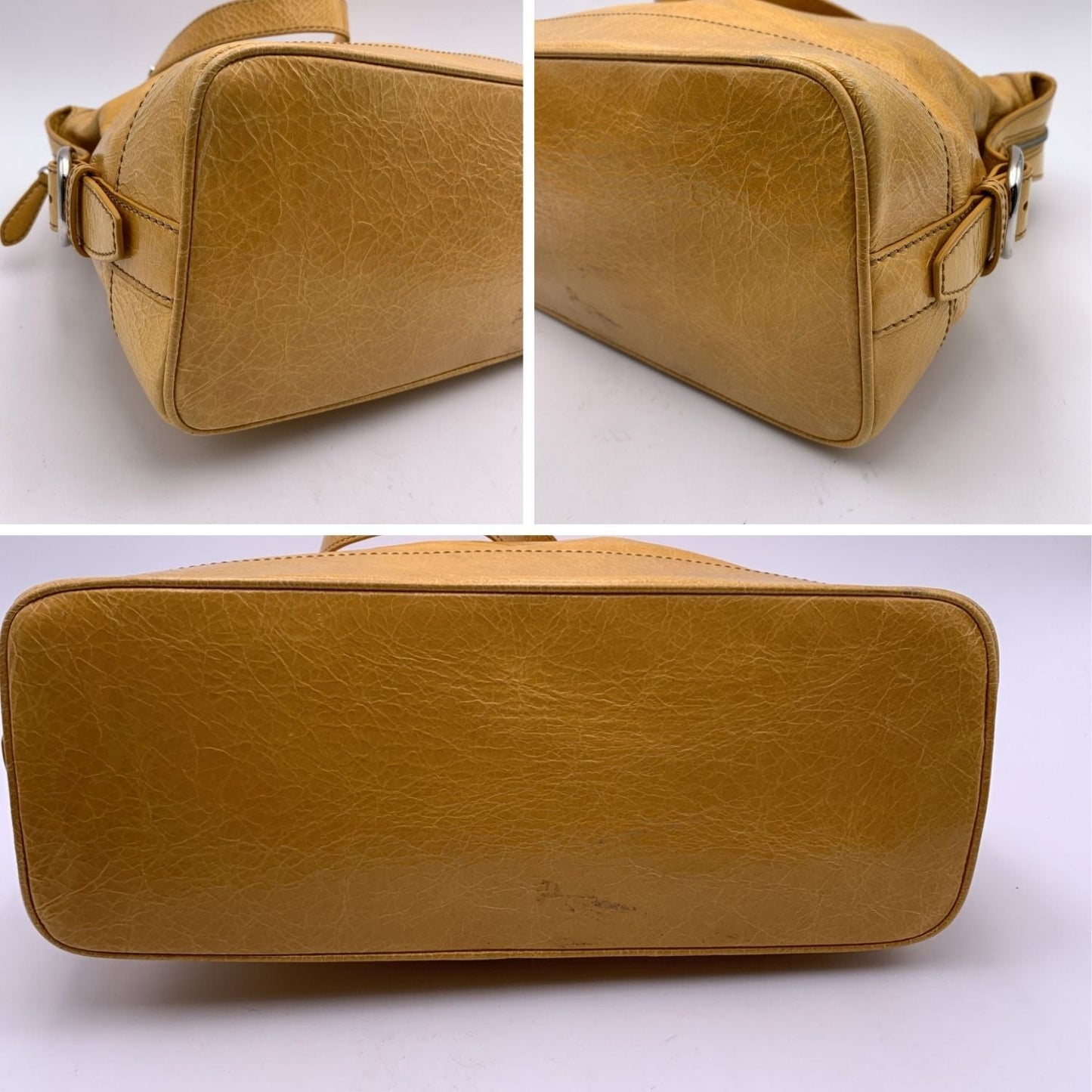 Luxury CELINE Yellow Mustard Crinkled Leather Tote Shoulder Bag