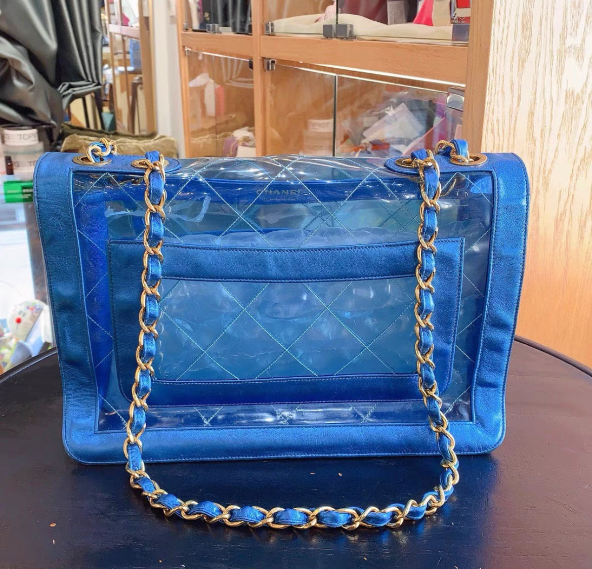 CHANEL 95P "BARBIE" MAXI FLAP METALLIC BLUE BAG 24K GHW CLASSIC PCI