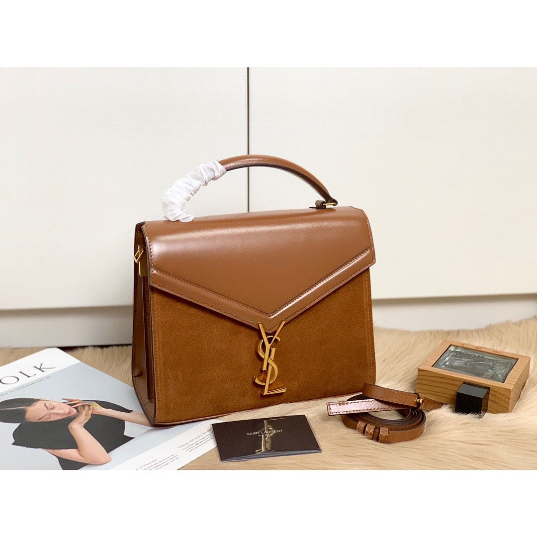 Yves Saint Laurent Cassandra Medium Top Handle Bag In Box And Velvet Brown.6in/.5cm