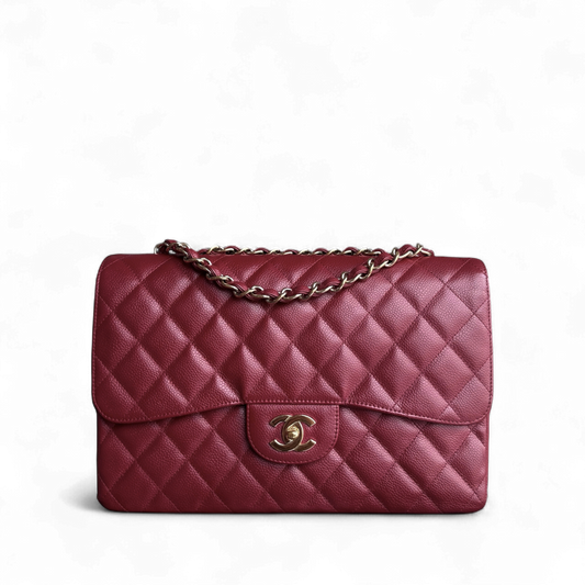 Chanel Classic Flap Jumbo - Caviar 30CM Single Flap Quilted Burgundy Dark Red Gold Hardware Series 13