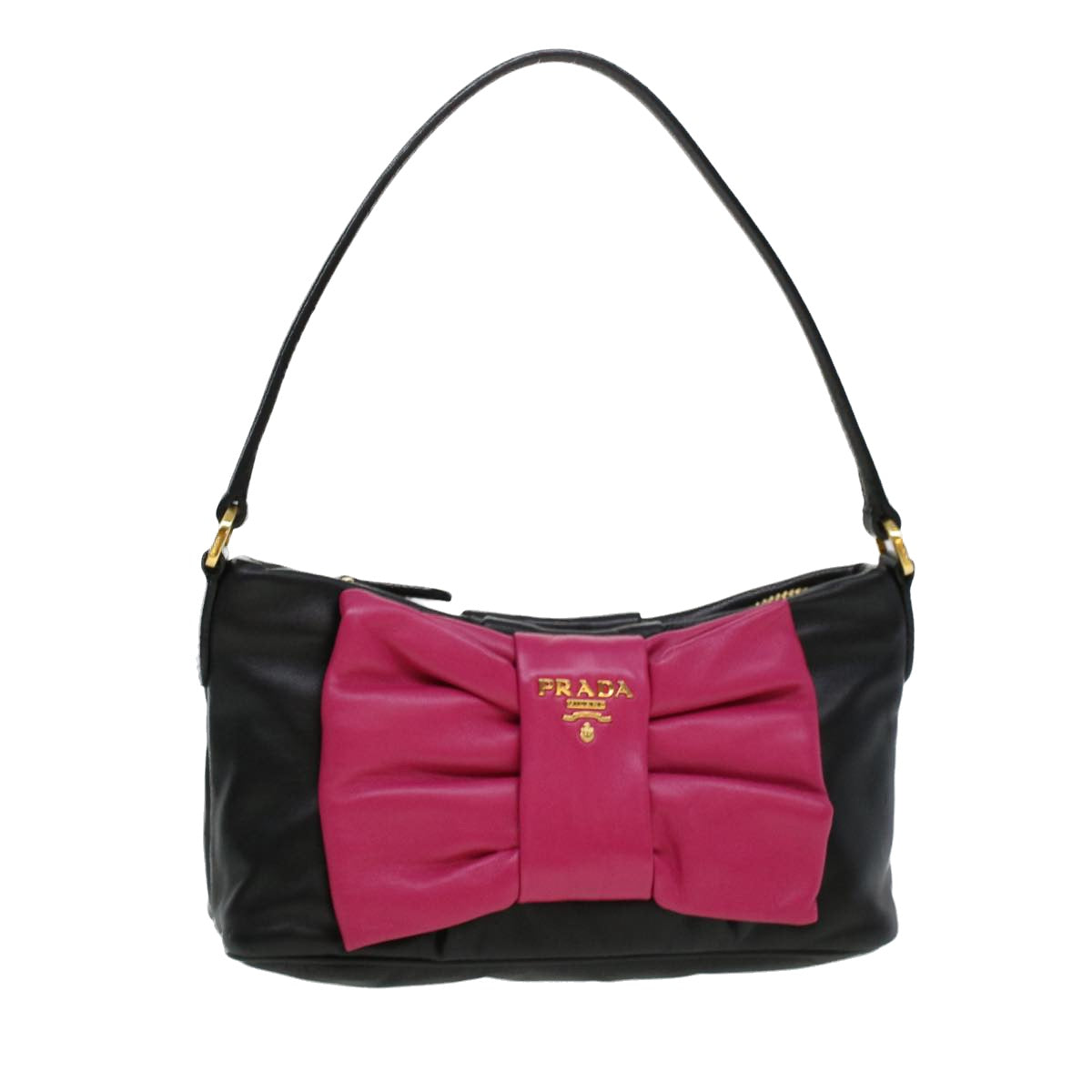 Prada Ribbon Hand Bag Leather Black