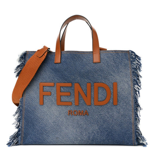 Fendi Denim Lavato Vitello King Logo Embroidered Frayed Tote Denim Chiaro Cuoio