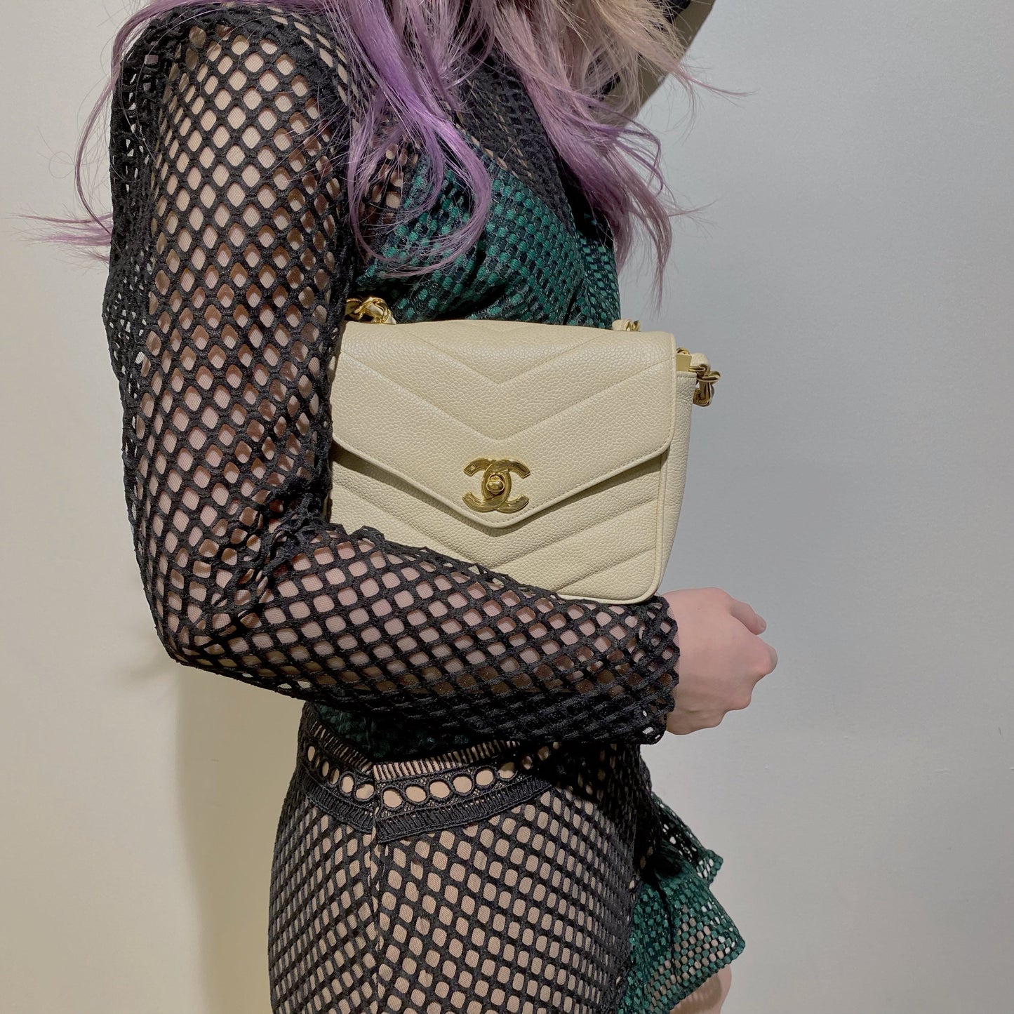 Chanel Cream Caviar Leather V Stitch Shoulder Bag