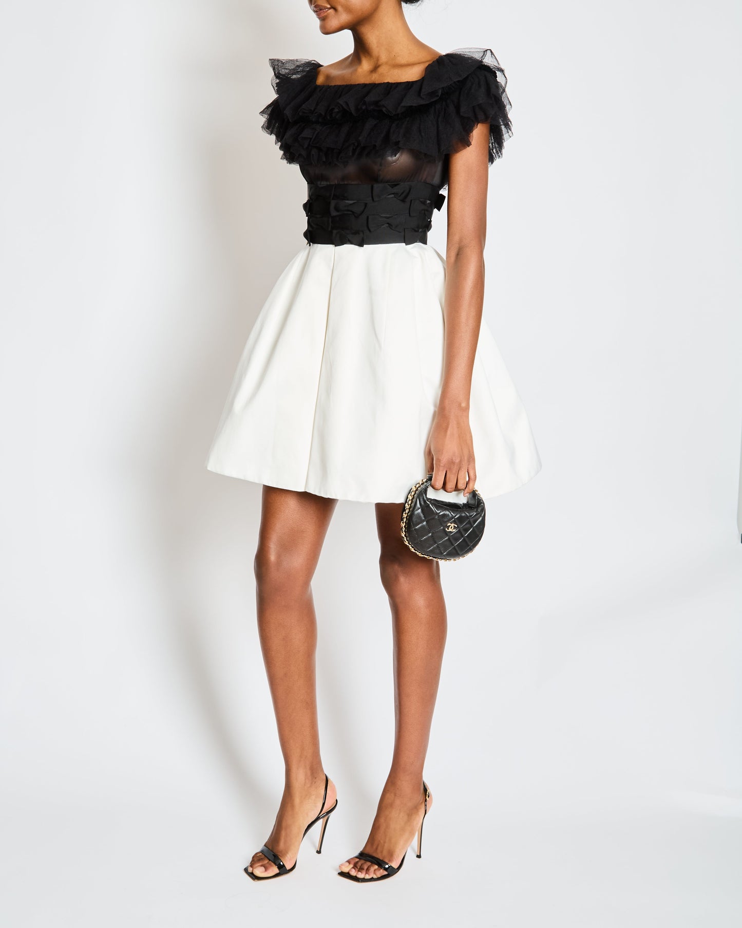 Chanel 20/S Black and White Ruffled Off-Shoulder Mini Dress with Bow Details Size FR 34 (UK 6) Shoulder Bag