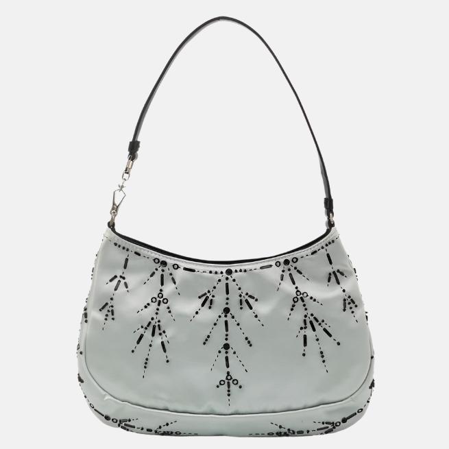 Prada Cleo Blue Silk Beaded Embroidery Shoulder Bag