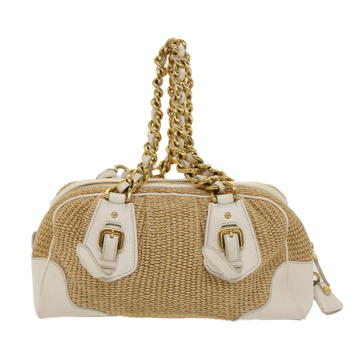 PRADA Chain Hand Bag Straw Leather White Auth