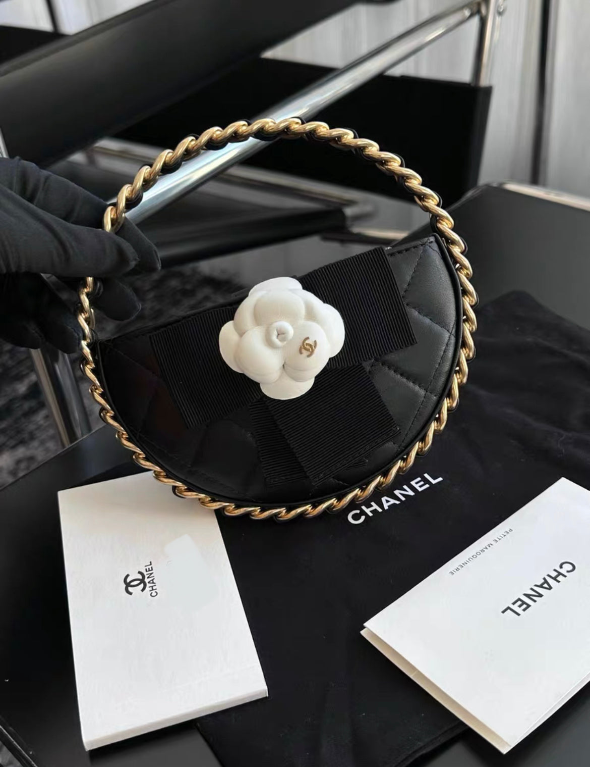Chanel 23k Camellia Hula Hoop Bag Black