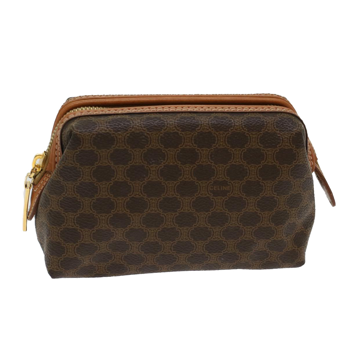Luxury CELINE Macadam Canvas Pouch PVC Leather Brown 48181