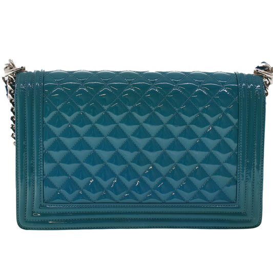 CHANEL Boy Shoulder Bag Patent Leather Turquoise Blue CC Auth 48624A