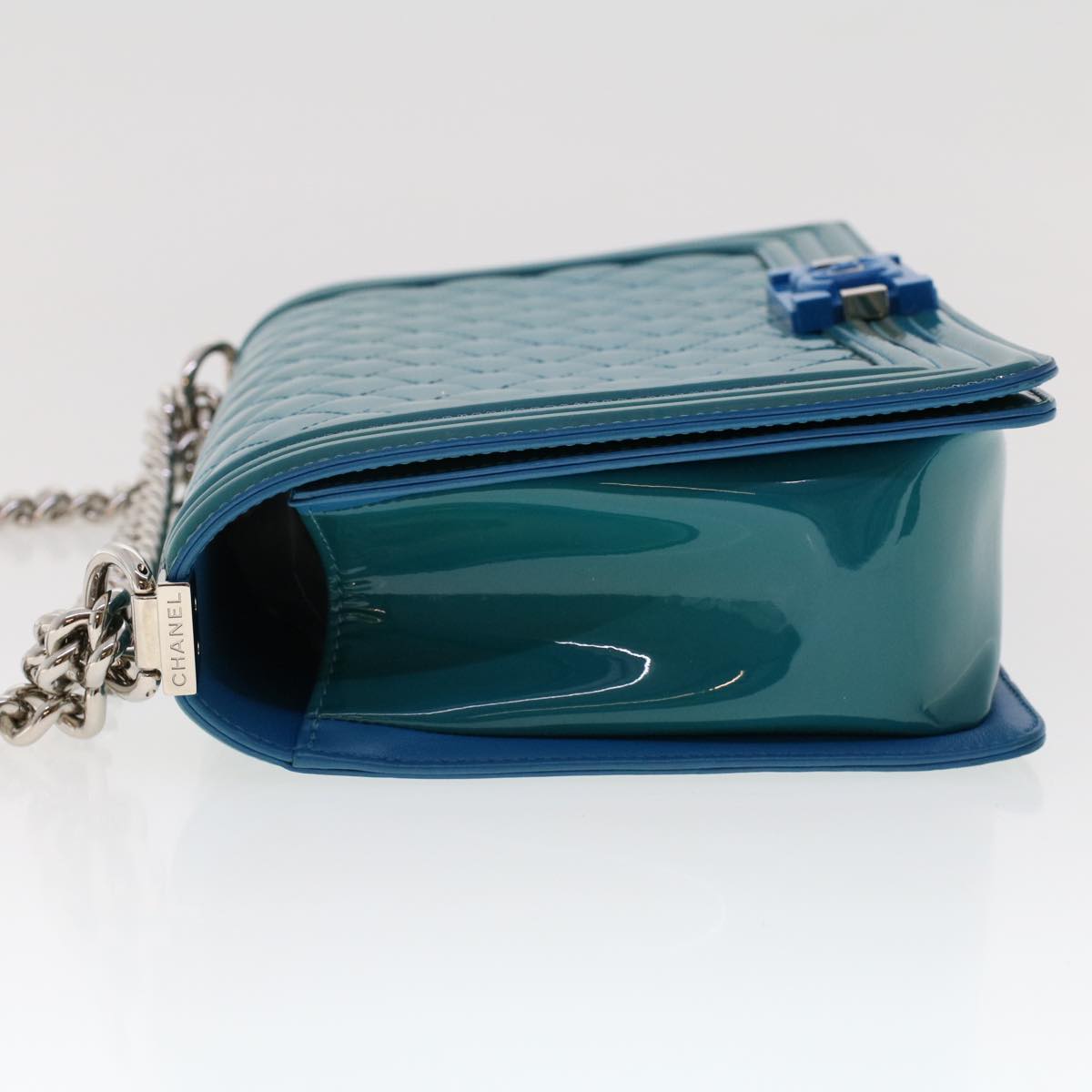 CHANEL Boy Shoulder Bag Patent Leather Turquoise Blue CC Auth 48624A