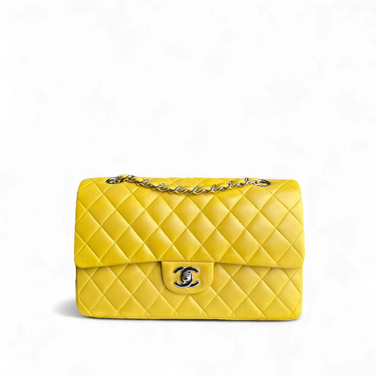 Chanel Classic Flap Medium - 25CM Quilted Lambskin Yellow Silver Hardware Series 13