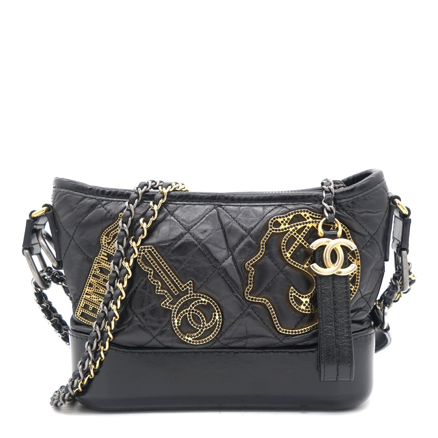 Chanel Black Aged Calfskin Quilted Charms Small Gabrielle Bag