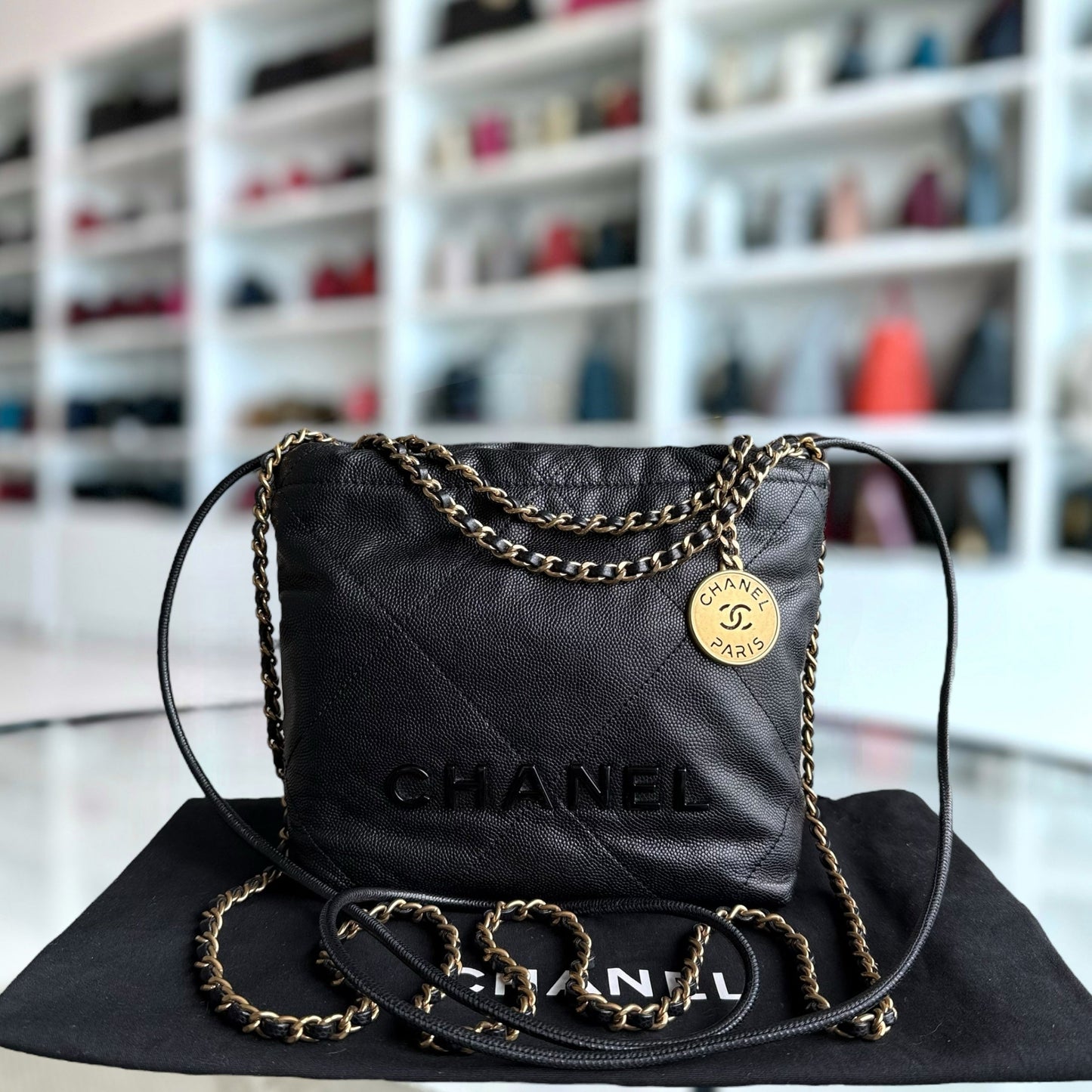 Chanel C22 Mini 22 Bag Caviar Quilted Calfskin Crossbody Bag Gold Hardware Microchip