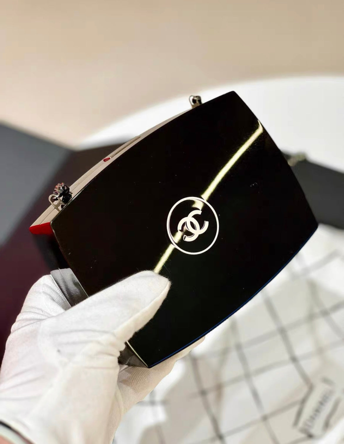 Chanel CC Logo Plexiglass Black Makeup Compact MinaudiÃ¨re Chain Clutch Bag