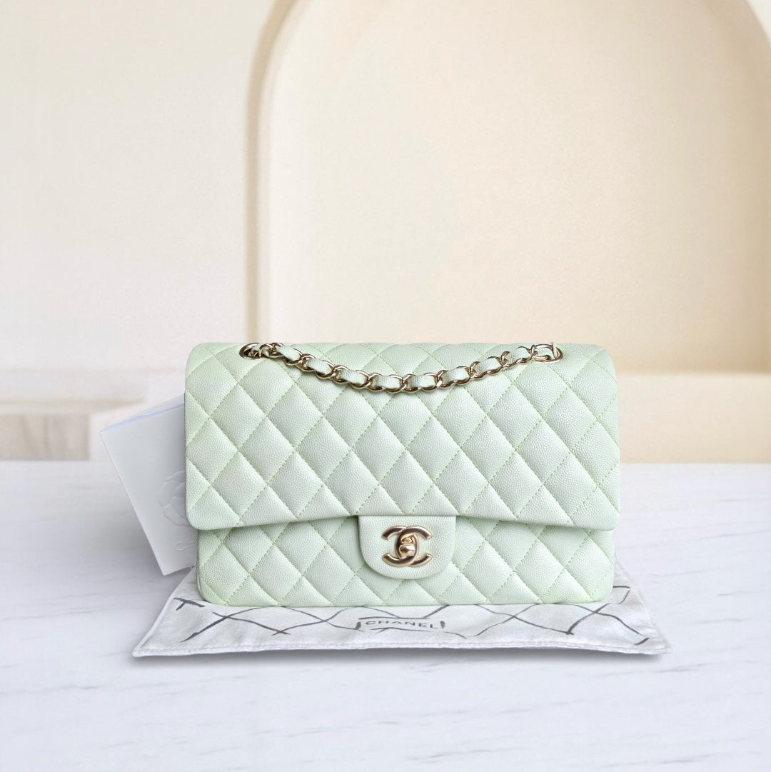 Chanel Classic Flap Medium - Caviar 25CM Quilted Light Mint Green Gold Hardware Microchip