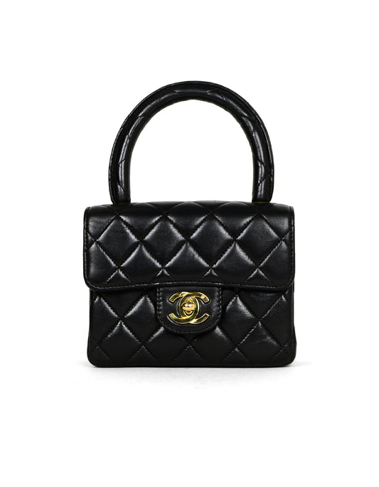 Chanel '90s Black Lambskin Leather Quilted Micro Mini Kelly Flap Bag