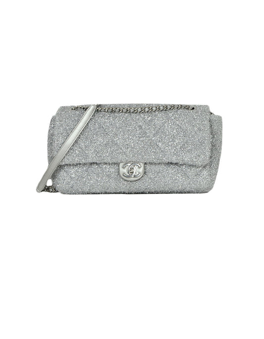 Chanel Silver Quilted Knit Pluto Glitter Large Flap Bag