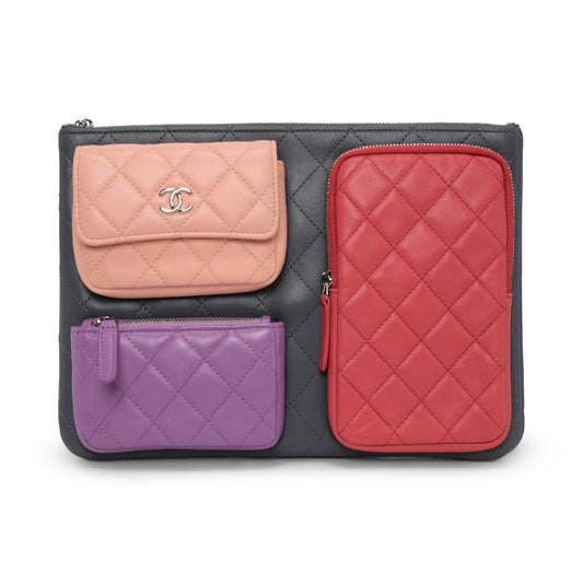 Chanel Grey Quilted Lambskin O-Case Multi Pouch Clutch