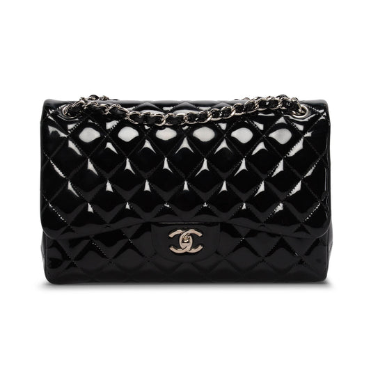 Chanel Black Quilted Patent Large Double Flap Bag