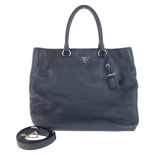 PRADA Tote Bag leather Black SilverMetal Vittero Dyno Triangle With logo
