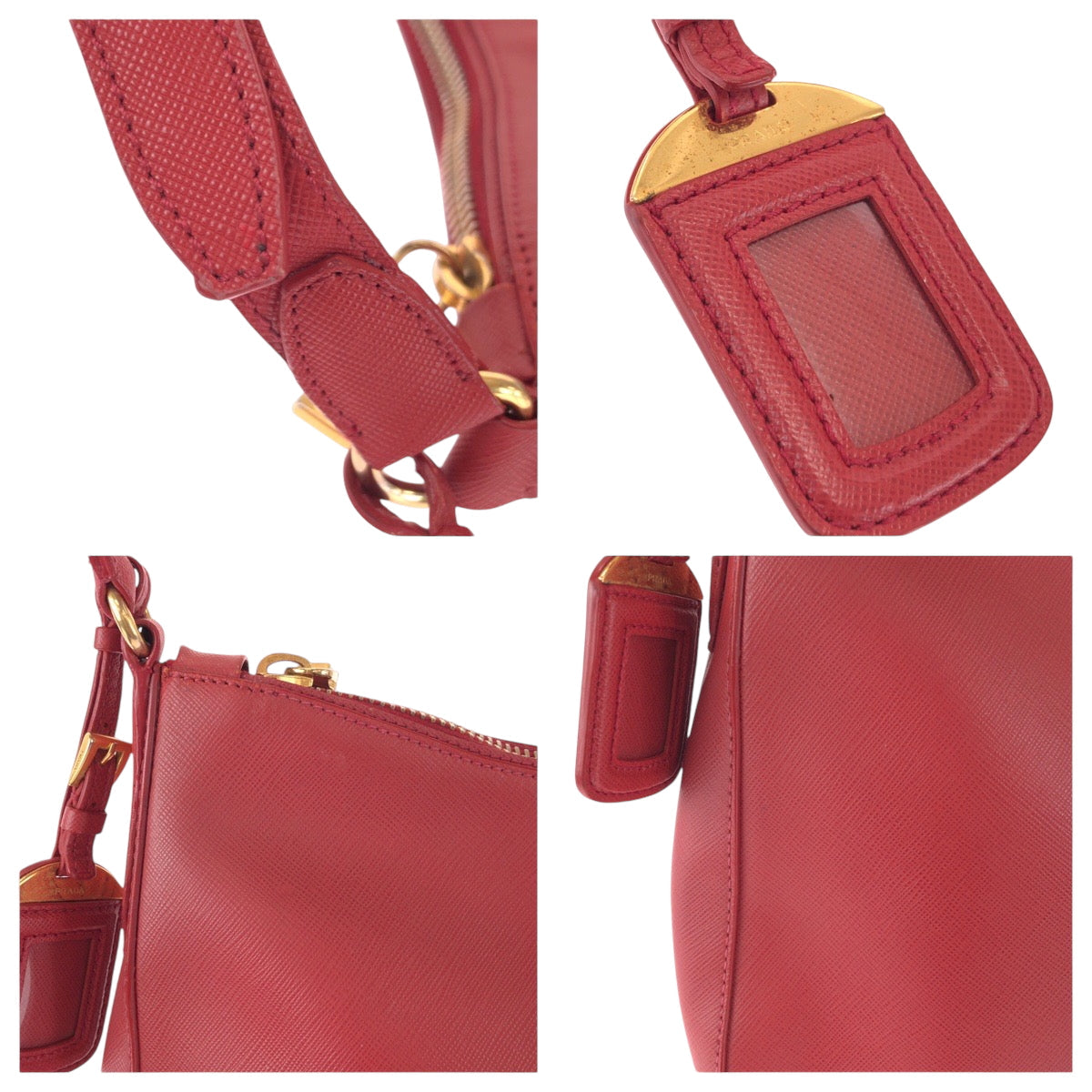 PRADA Shoulder Bag leather Red Gold Metal Safiano Hobo
