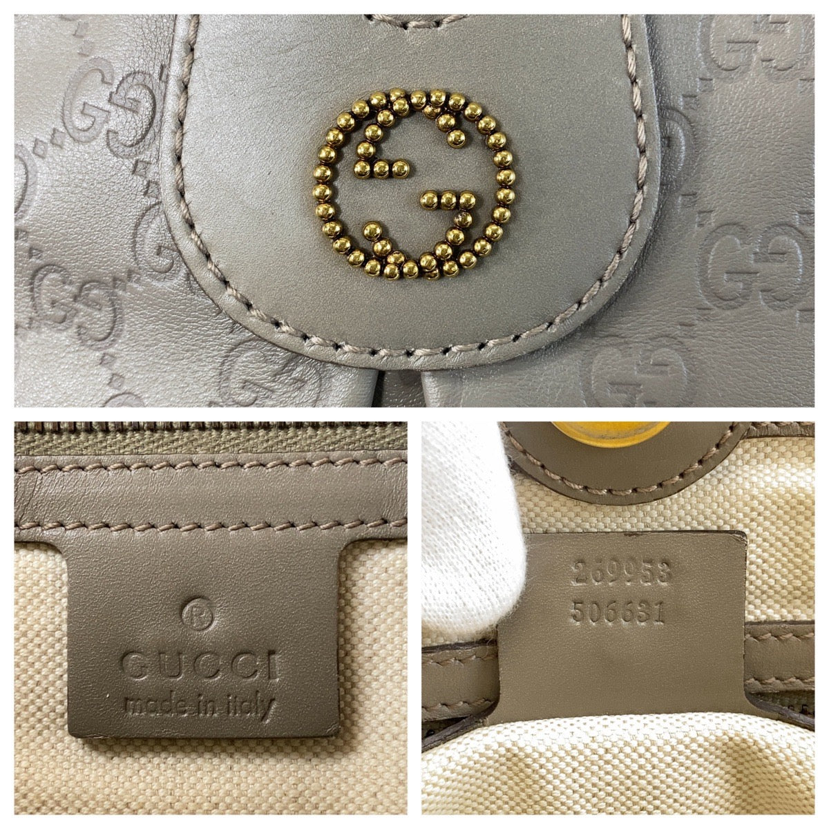 GUCCI Tote Bag 269953 leather Greige Gold Metal Scarlet Guccissima