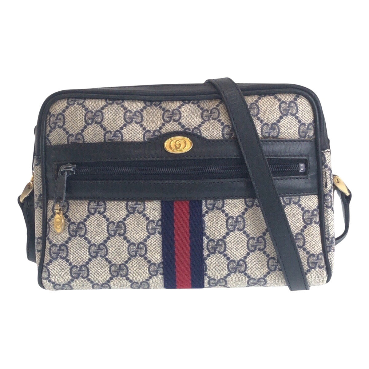 GUCCI Shoulder Bag 010 378 GG Supreme canvas, leather Gray Navy Gold Metal Shoulder Bag pochette Sherry Line Old Gucci Women