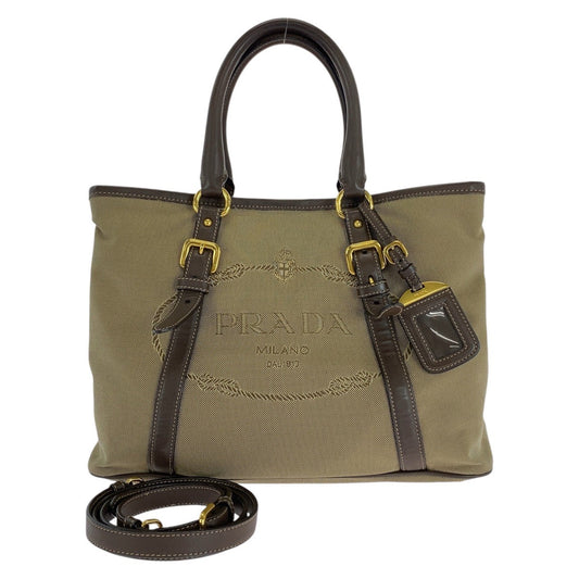 PRADA Tote Bag Canvas, Leather Khaki Brown Gold Metal Tote Bag Shoulder Bag Logo jacquard Triangle With logo Women