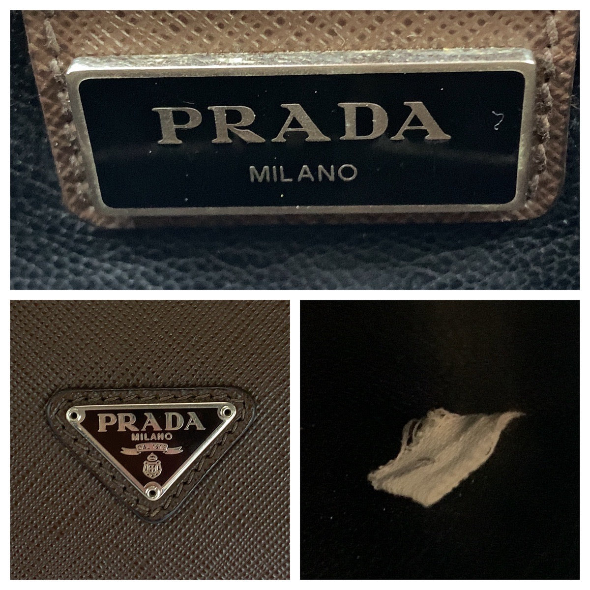 PRADA Clutch bag leather Brown Silver Metal Clutch bag business bag Safiano Triangle With logo mens